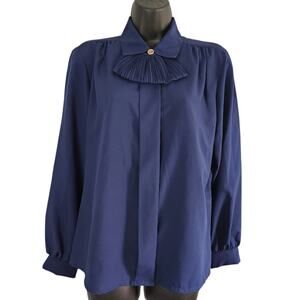 VINTAGE 80s Judy Bond secretary blouse navy blue size 10